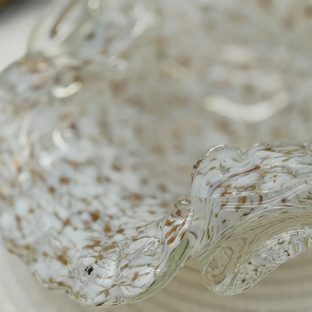 Vintage Hand Blown Art Glass Ruffled Bowl White Gold Fleck Splatter Murano Style